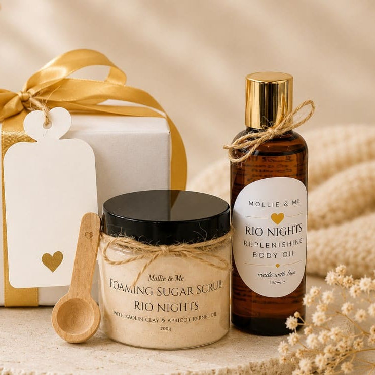 Rio Nights body care gift set with nourishing body butter, sugar scrub and body oil in a luxury handmade gift box by Mollie & Me.