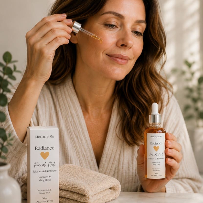 Woman applying facial oil after moisturiser as part of a simple daily skincare routine for healthy, radiant skin.