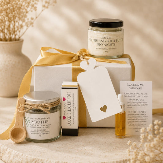 Moment For Me natural skincare gift set with clay mask, lip oil, facial oil sample and body butter in a handmade gift box for self-care.