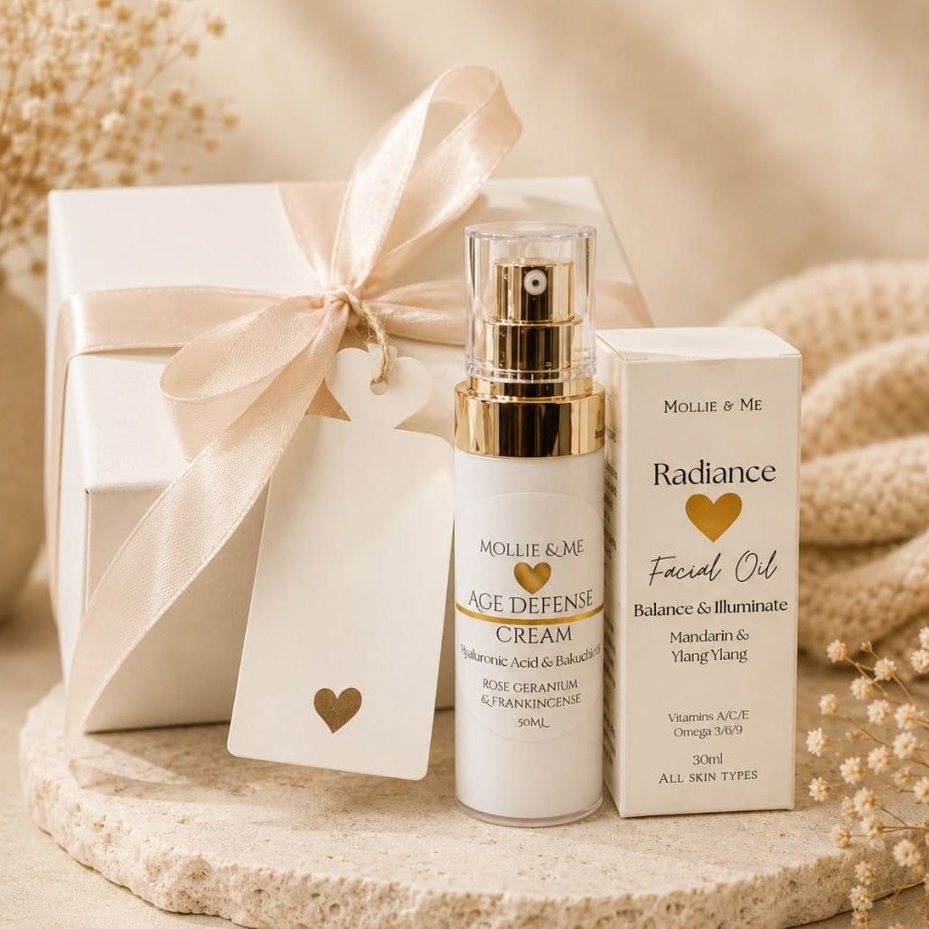 Luscious Layers natural skincare set with Age Defense Cream and Radiance Facial Oil, handmade vegan skincare gift for dry, sensitive and mature skin.