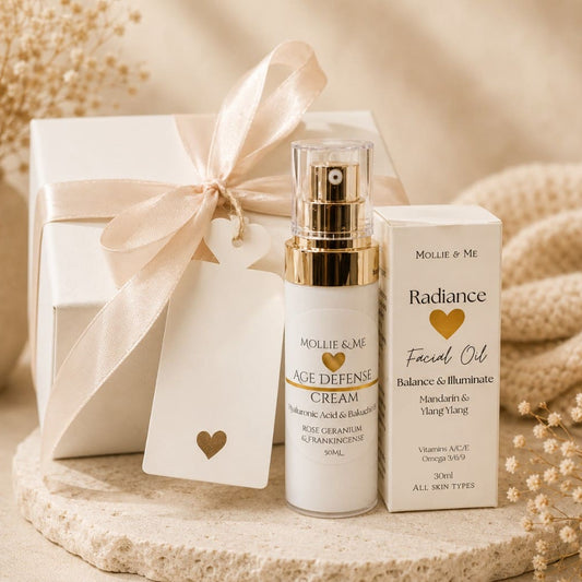 Luscious Layers natural skincare set with Age Defense Cream and Radiance Facial Oil, handmade vegan skincare gift for dry, sensitive and mature skin.