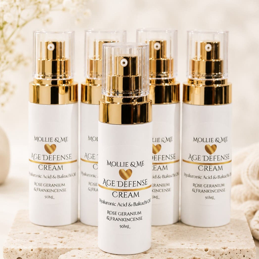 Mollie & Me Age Defense Cream, a handmade hydrating face cream with hyaluronic acid and botanical ingredients for soft, healthy-looking skin.