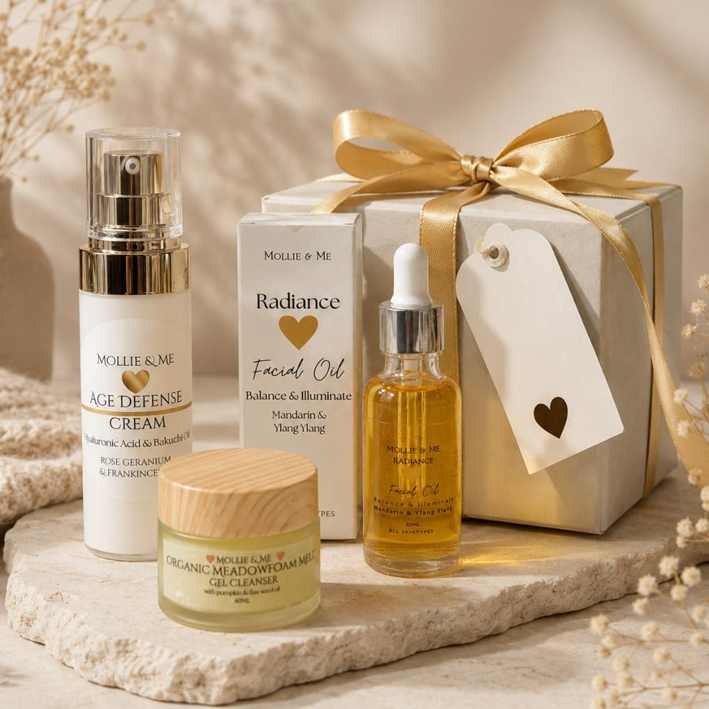 Radiance Ritual natural,handmade and vegan skincare set with cleanser, facial oil and anti-ageing cream in luxury white gift box by Mollie & Me Skincare.