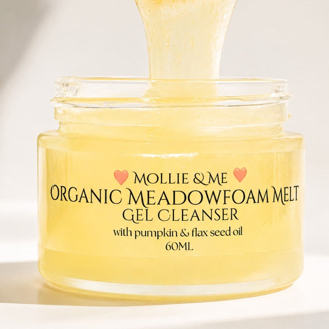 Mollie & Me Meadowfoam Melt Cleansing Gel, a natural handmade facial cleanser with meadowfoam, pumpkin and flaxseed oils for gentle skin cleansing.