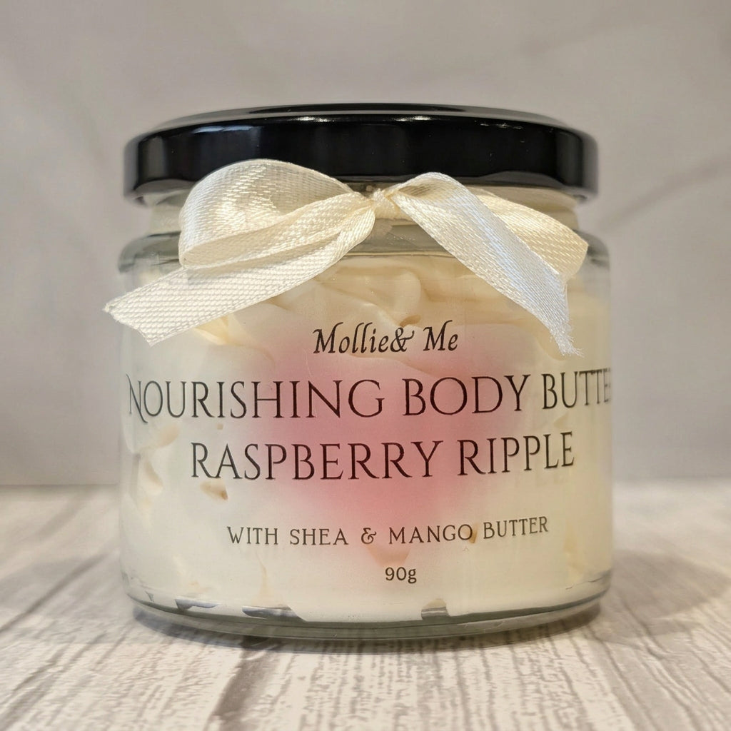 Mollie & Me Body Butter for dry skin, raspberry fragrance, 90g in a glass jar Handmade in small batches in Kent 