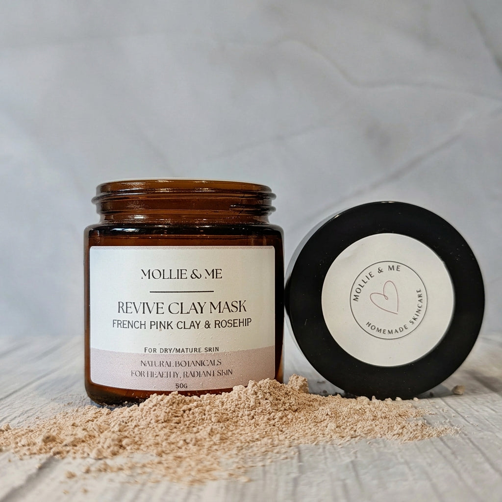 Mollie & Me Botanical clay mask for mature skin with french pink clay & rosehip in an amber glass jar. 100% natural skincare product 
